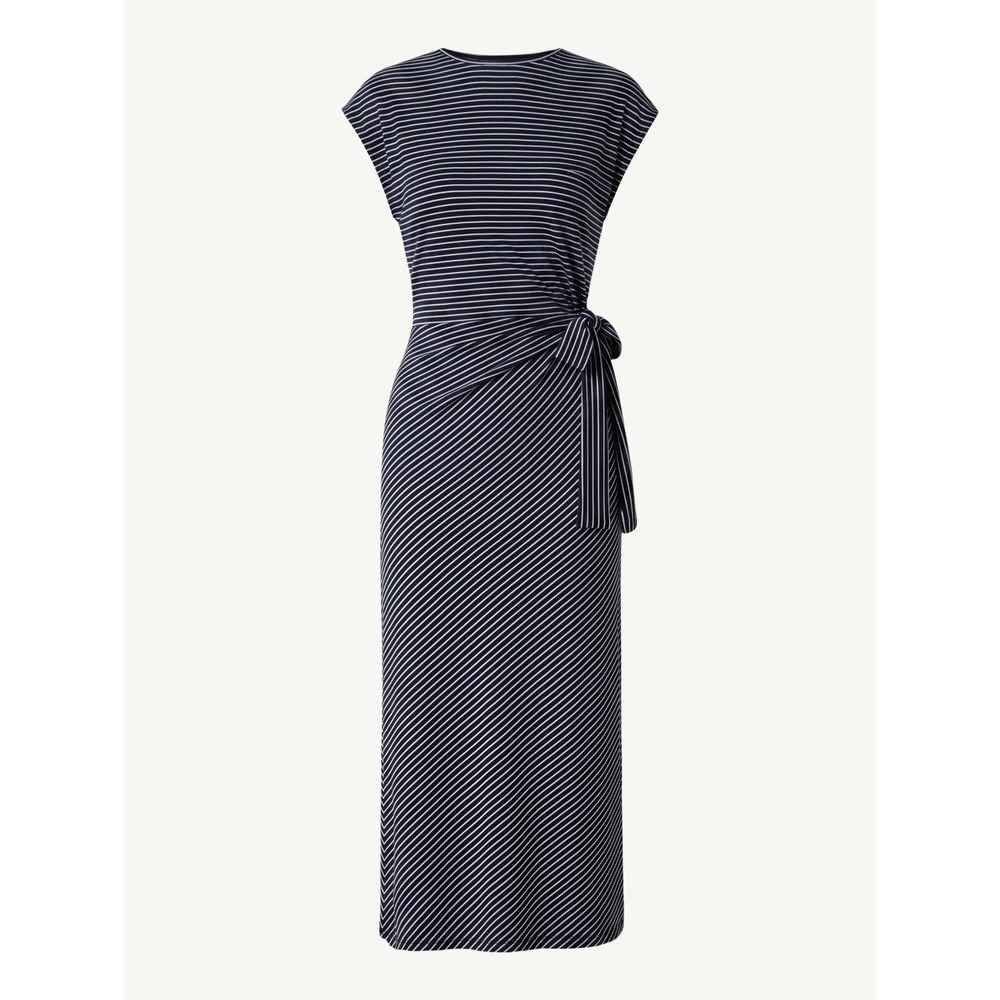 OGL Move Navy White Striped Relaxed Midi Dress Self-Tie Waist Size M NWT
